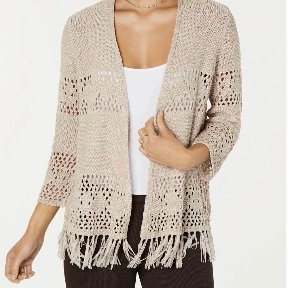 Beige Boho Knit Cardigan with Fringe, Sz OX